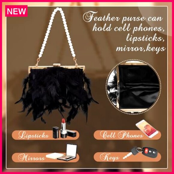 Faux Feather Clutch Purse with 2 Chains, Evening Bag for Weddings Parties - Picture 7 of 8